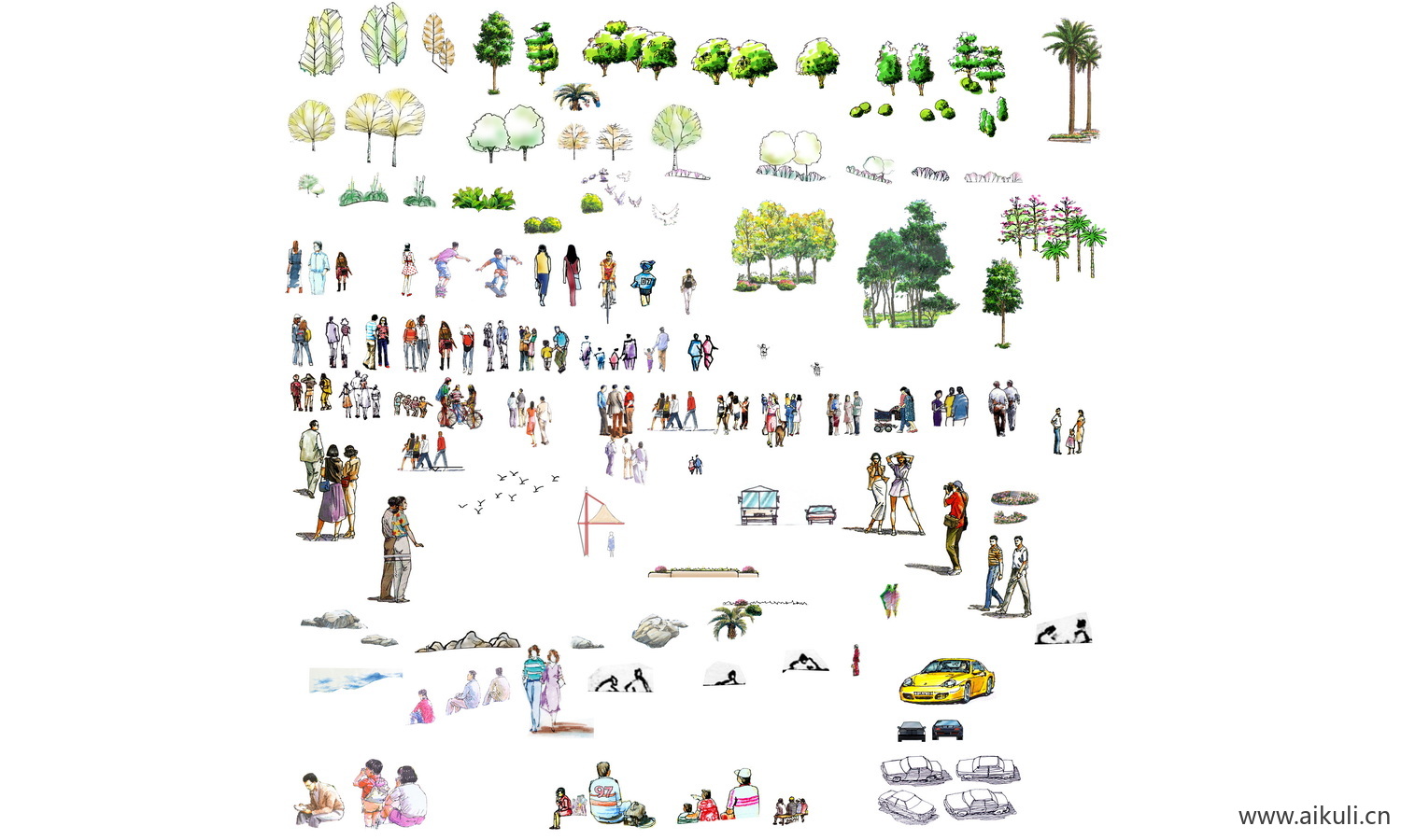 插画风植物人物水彩树木建筑景观配景PSD