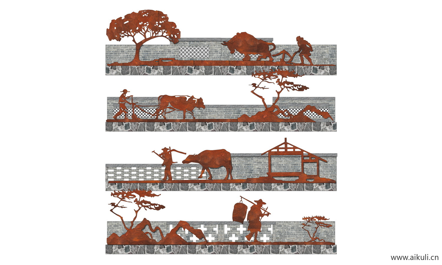 乡村景墙 农耕围墙 民俗文化墙  矮墙 PS免抠素材