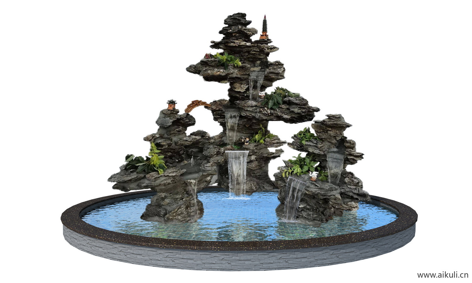 假山园林瀑布鱼池水池流水PSD免扣