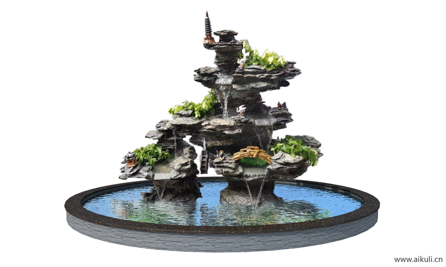 假山园林瀑布鱼池水池千层英德石