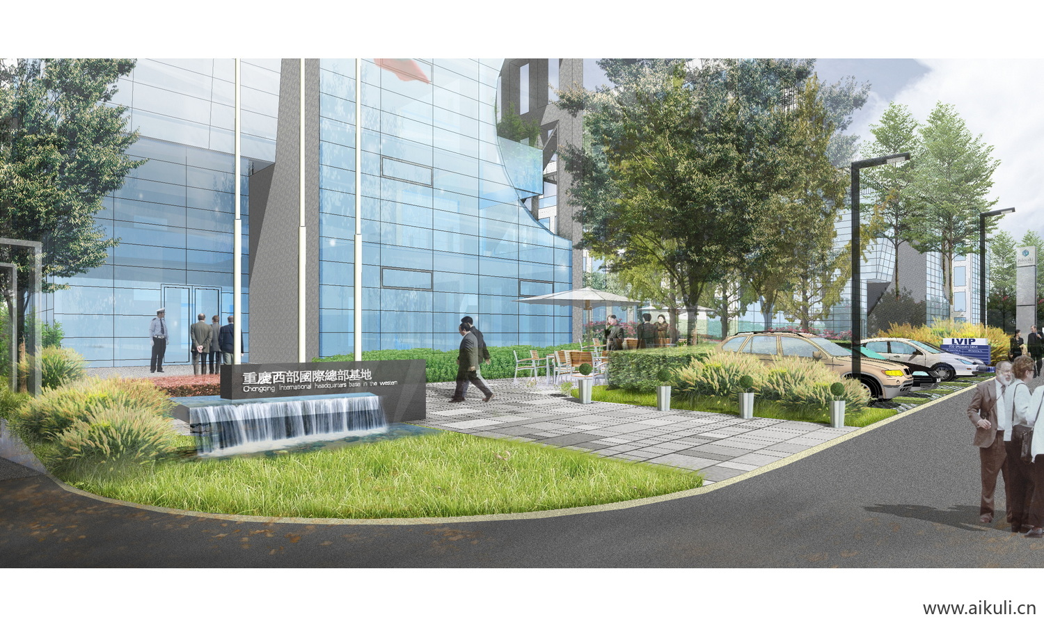 城市街景改造- 现代建筑前休闲座椅与绿化带