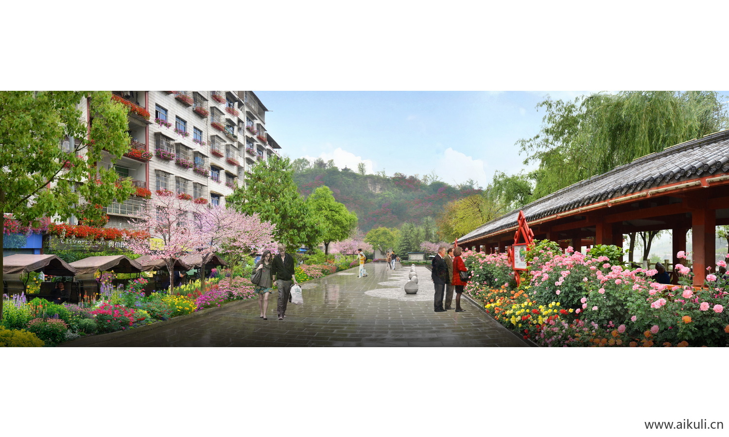 城市街景改造-传统建筑前花卉景观