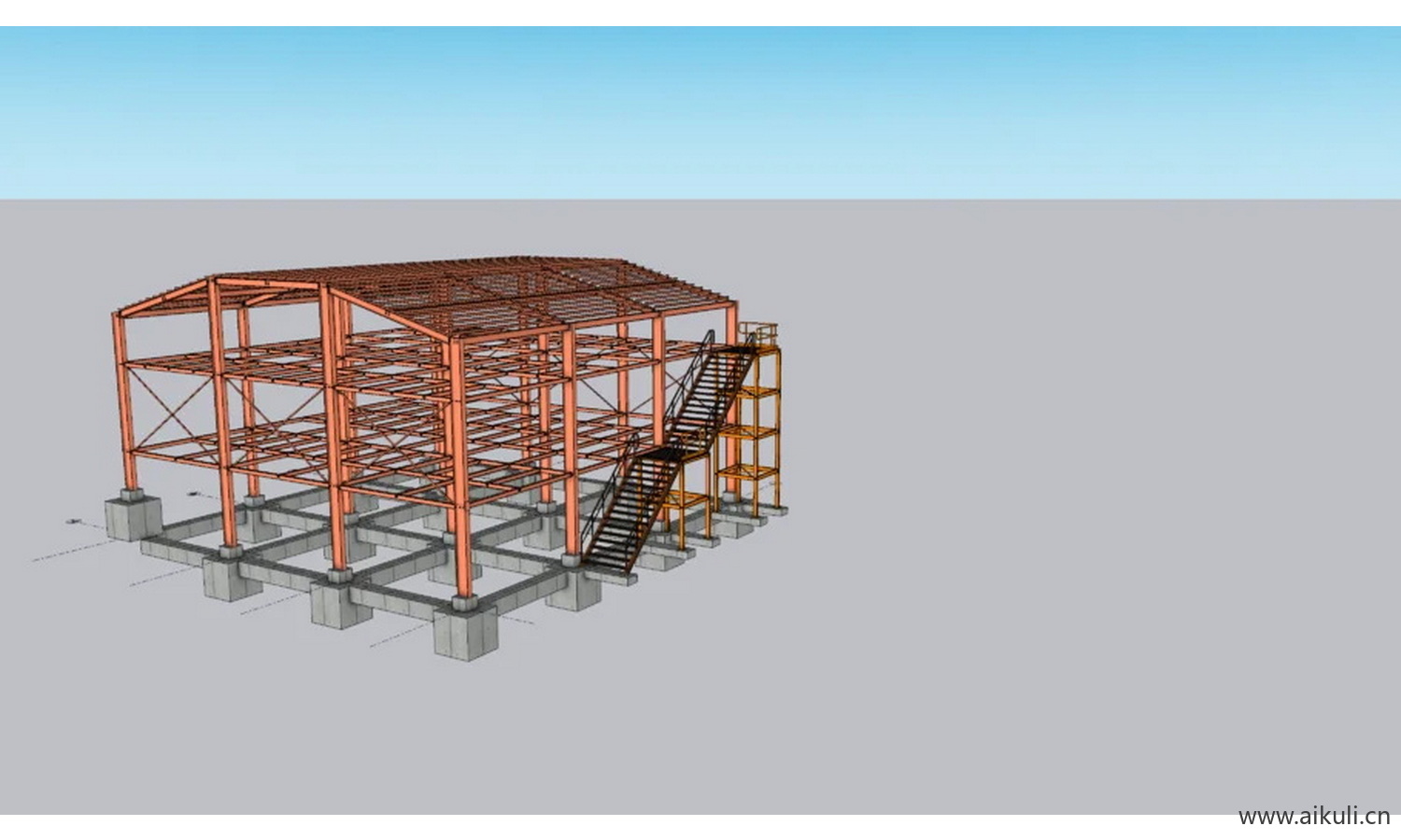 混凝土建筑与金属楼梯