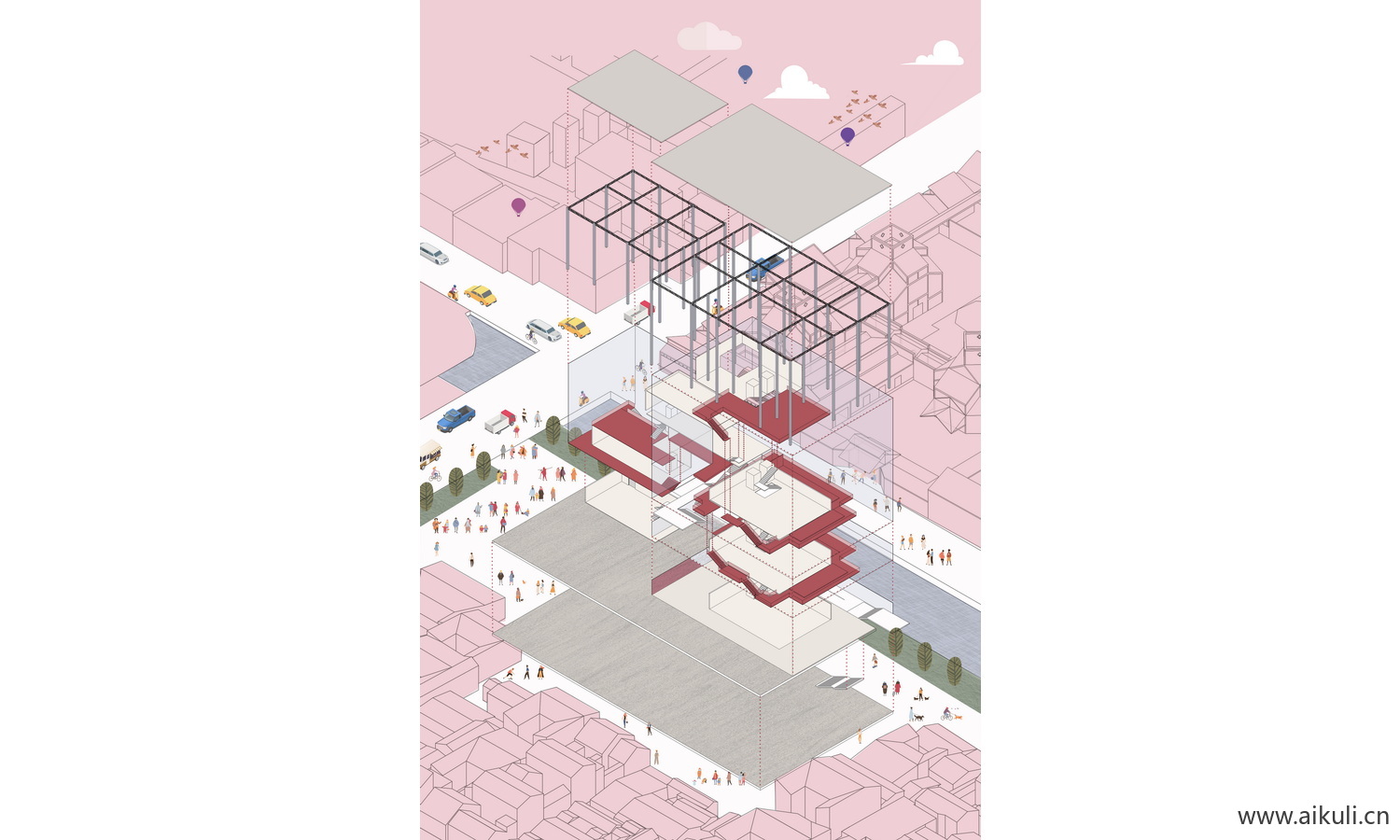 爆炸分层轴侧建筑景观空间-插画风ps展板