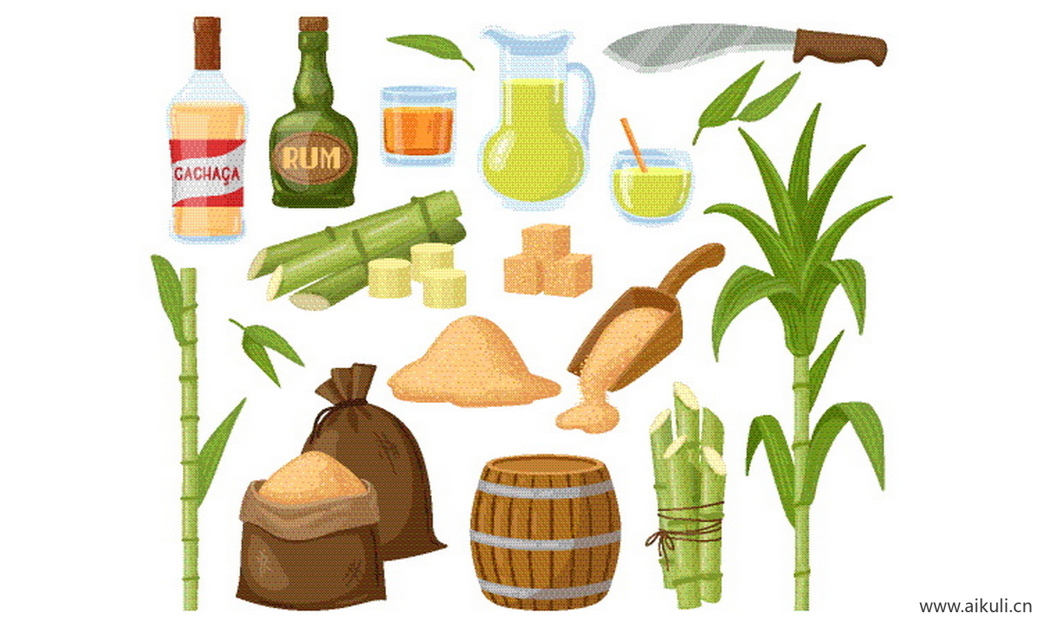 甘蔗榨汁饮料蔗糖方糖甘蔗叶子卡通插画图片EPS矢量