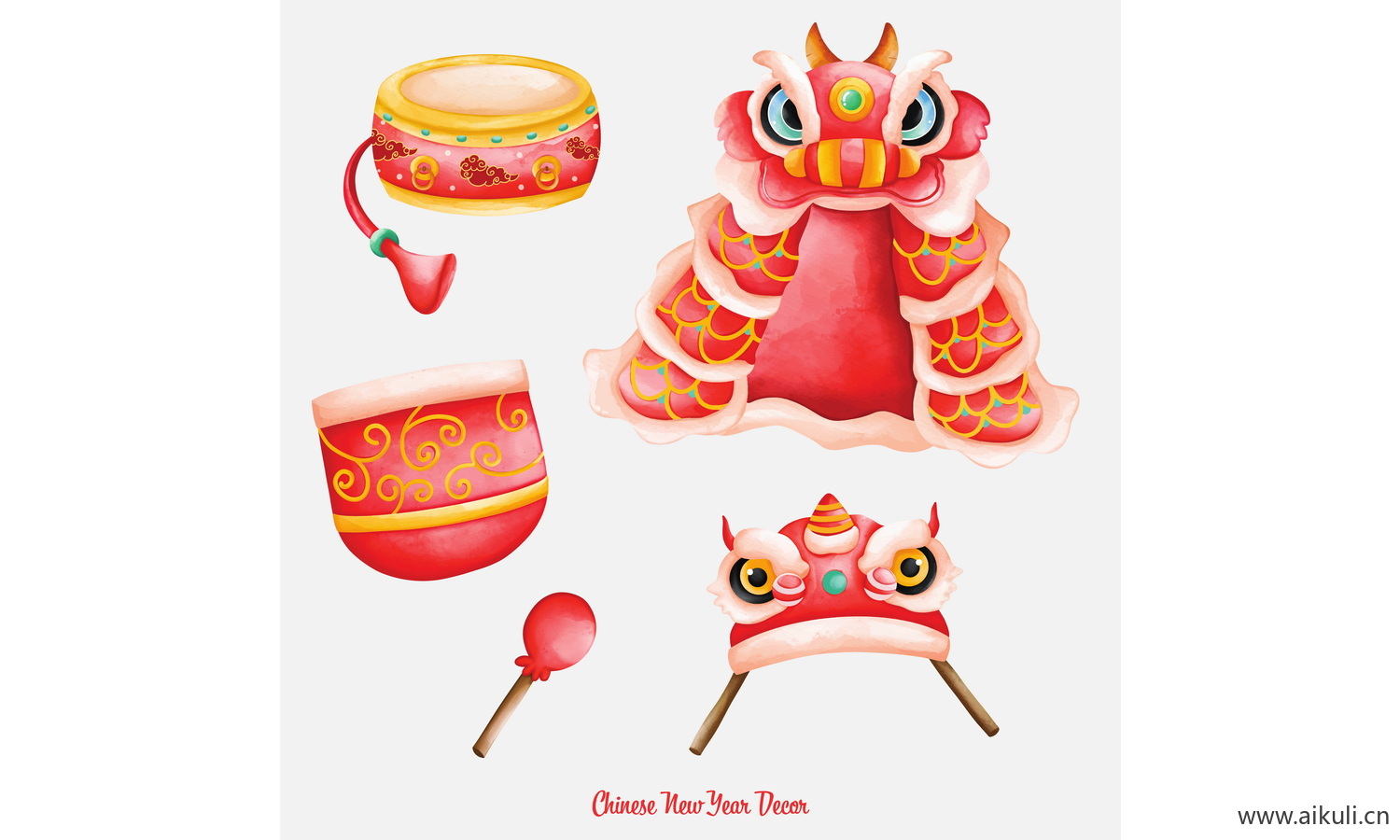 舞龙舞狮新年春节传统庆典民俗元素插画EPS矢量