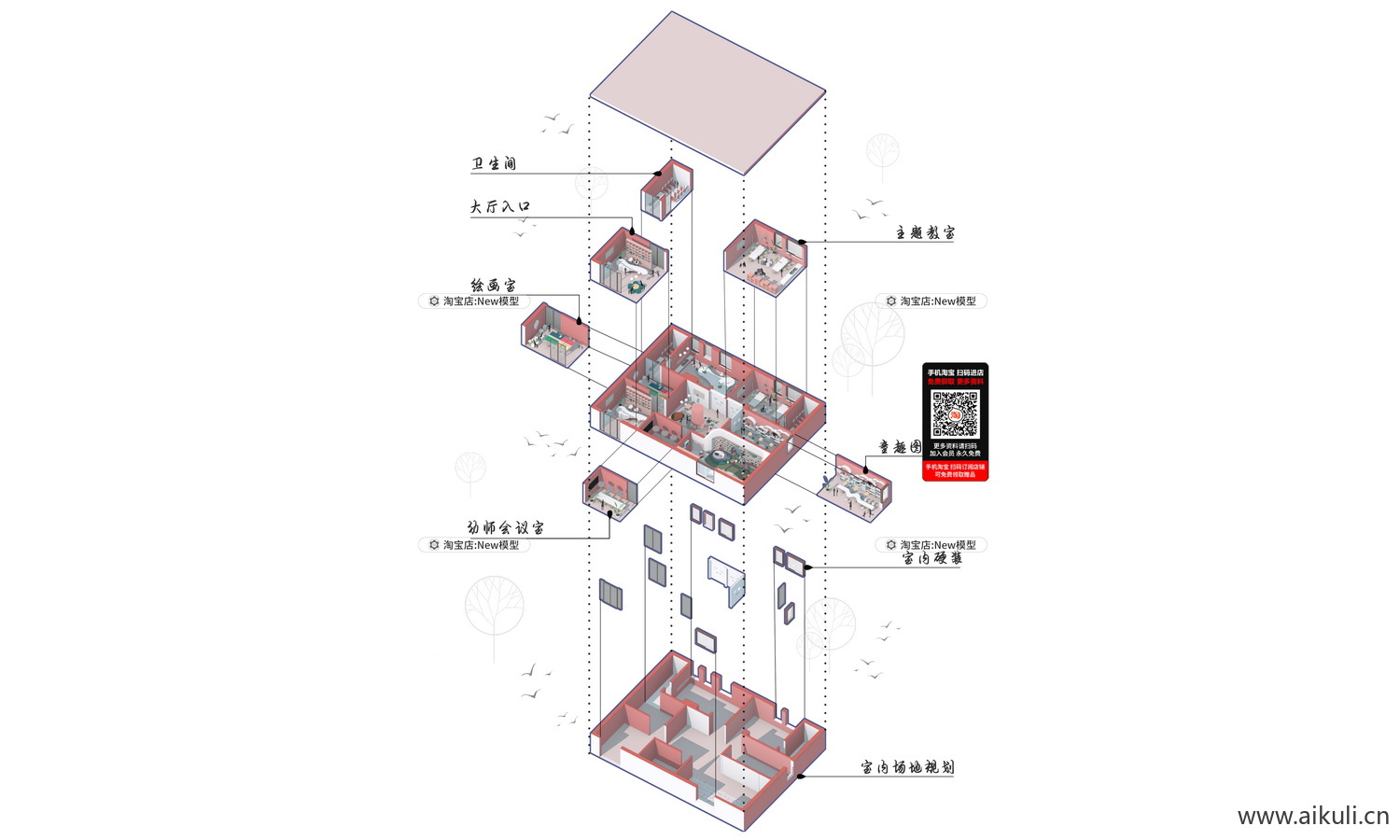 爆炸分层轴侧建筑景观空间I插画风ps展板素材