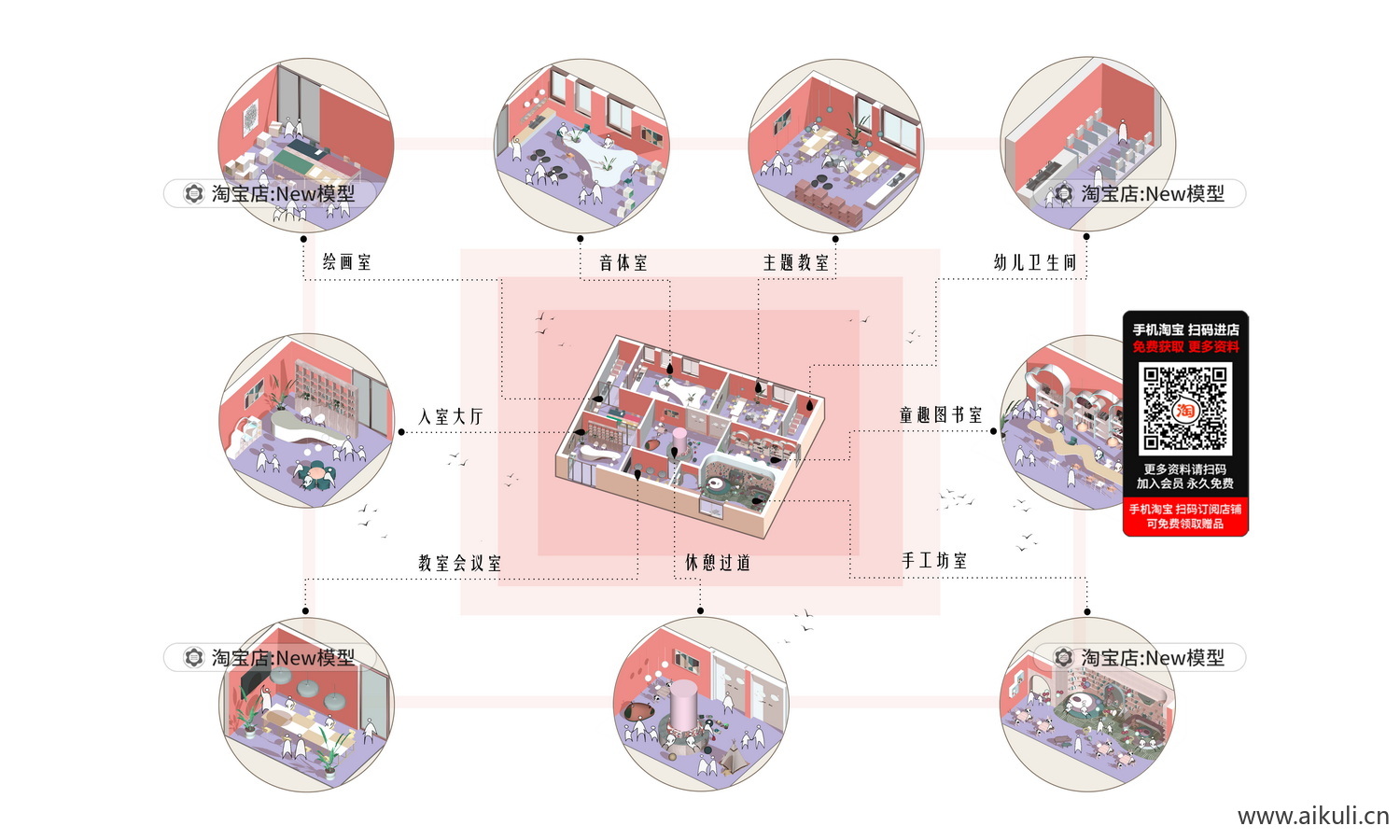 ps展板爆炸分层轴侧建筑景观空间插画风素材