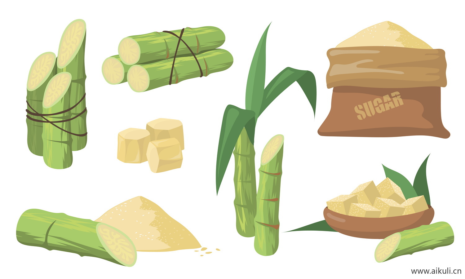甘蔗榨汁饮料蔗糖方糖甘蔗卡通插画图片EPS矢量