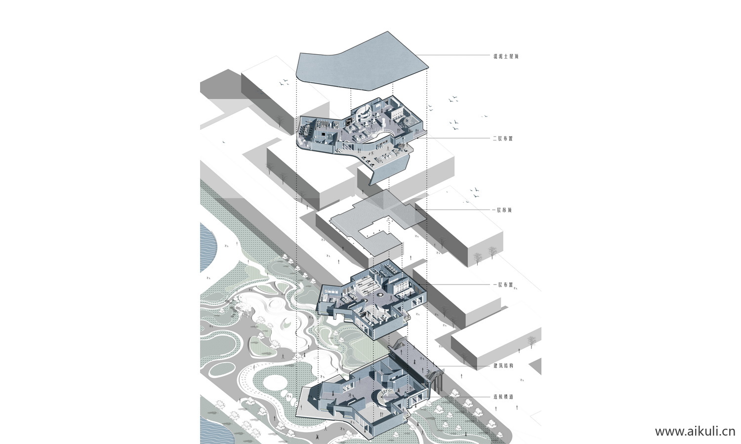 爆炸分层轴侧建筑景观空间分析图PSD分层