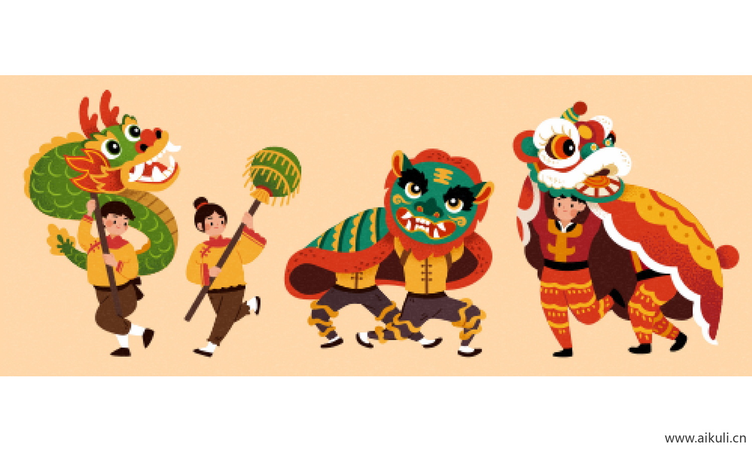 EPS矢量舞龙舞狮-新年传统庆典民俗元素插画