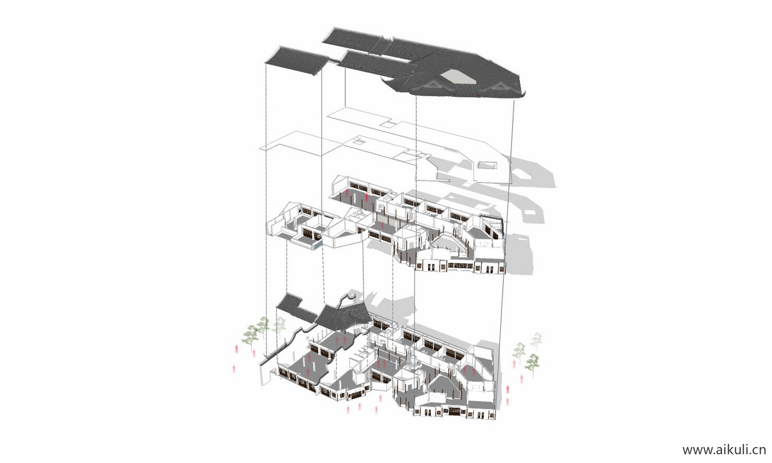 爆炸分层轴侧建筑景观空间插画风-ps展板素材