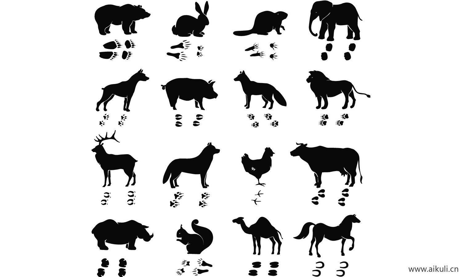 动物脚印猫狗鸟家禽爪子黑白剪影插画EPS矢量