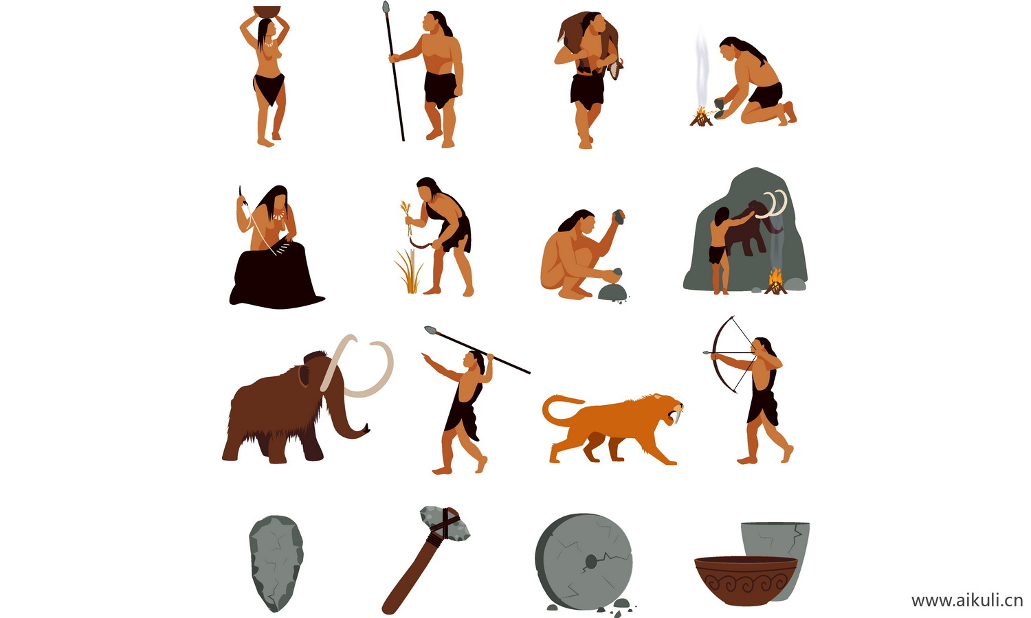 EPS矢量原始人山顶洞人猿人石器时代插画场景