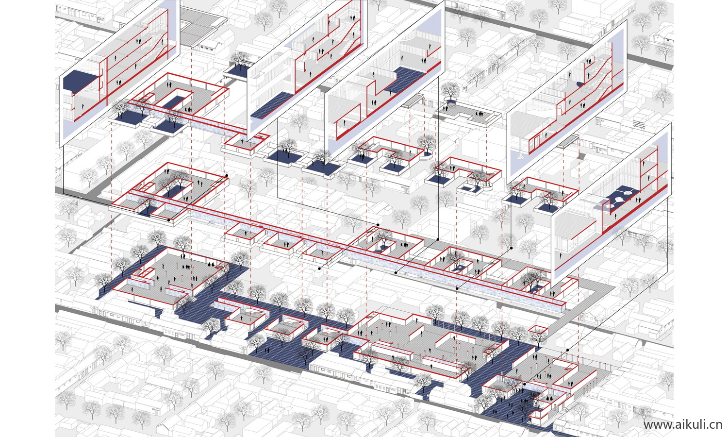 爆炸分层轴侧建筑景观空间插画风ps展板