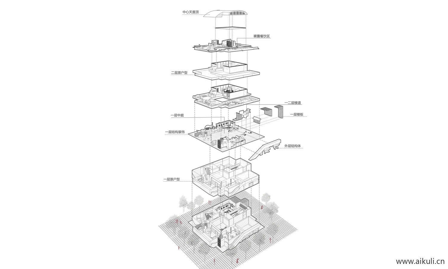 爆炸分层轴侧建筑景观空间S插画风ps展板素材