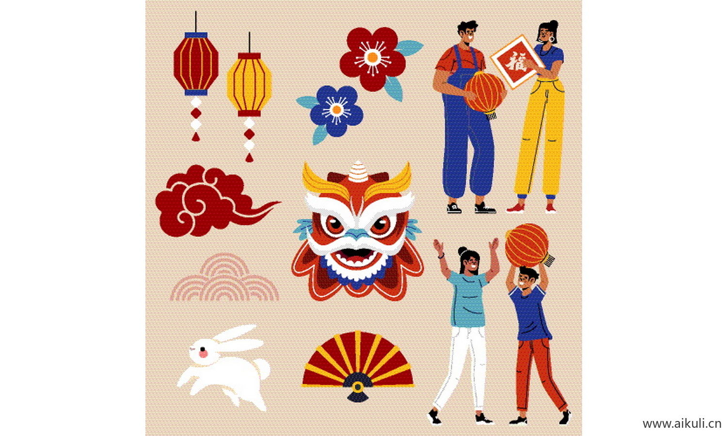 EPS矢量舞龙舞狮-新年春节传统庆典民俗元素插画
