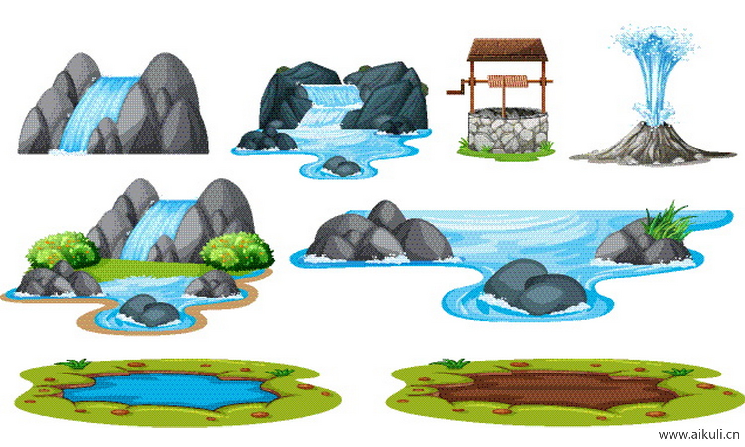 手绘高山瀑布河流小溪河潭户外自然风景EPS素材矢量
