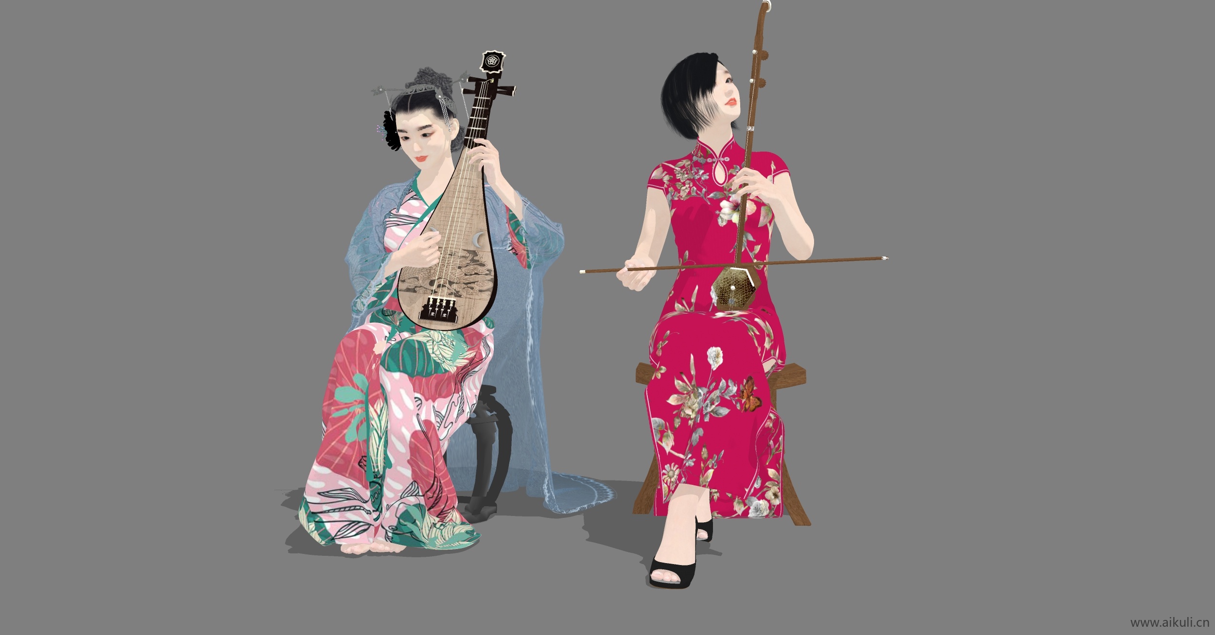 拉二胡弹琵琶美女人物