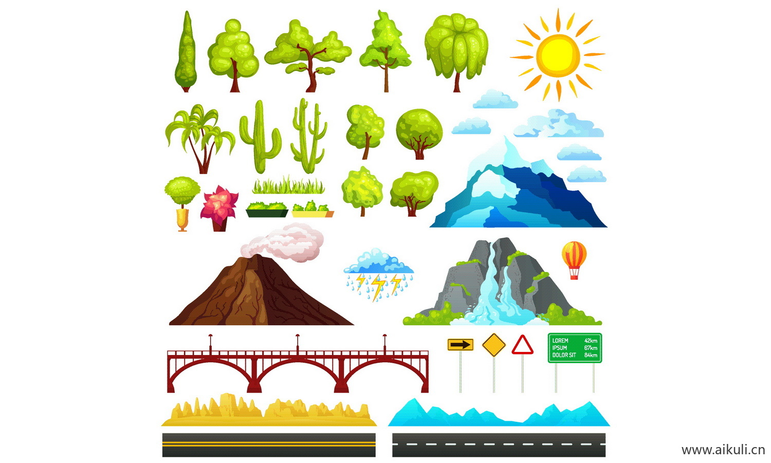 手绘高山瀑布河流小溪河潭户外自然风景元素EPS图片矢量设计素材
