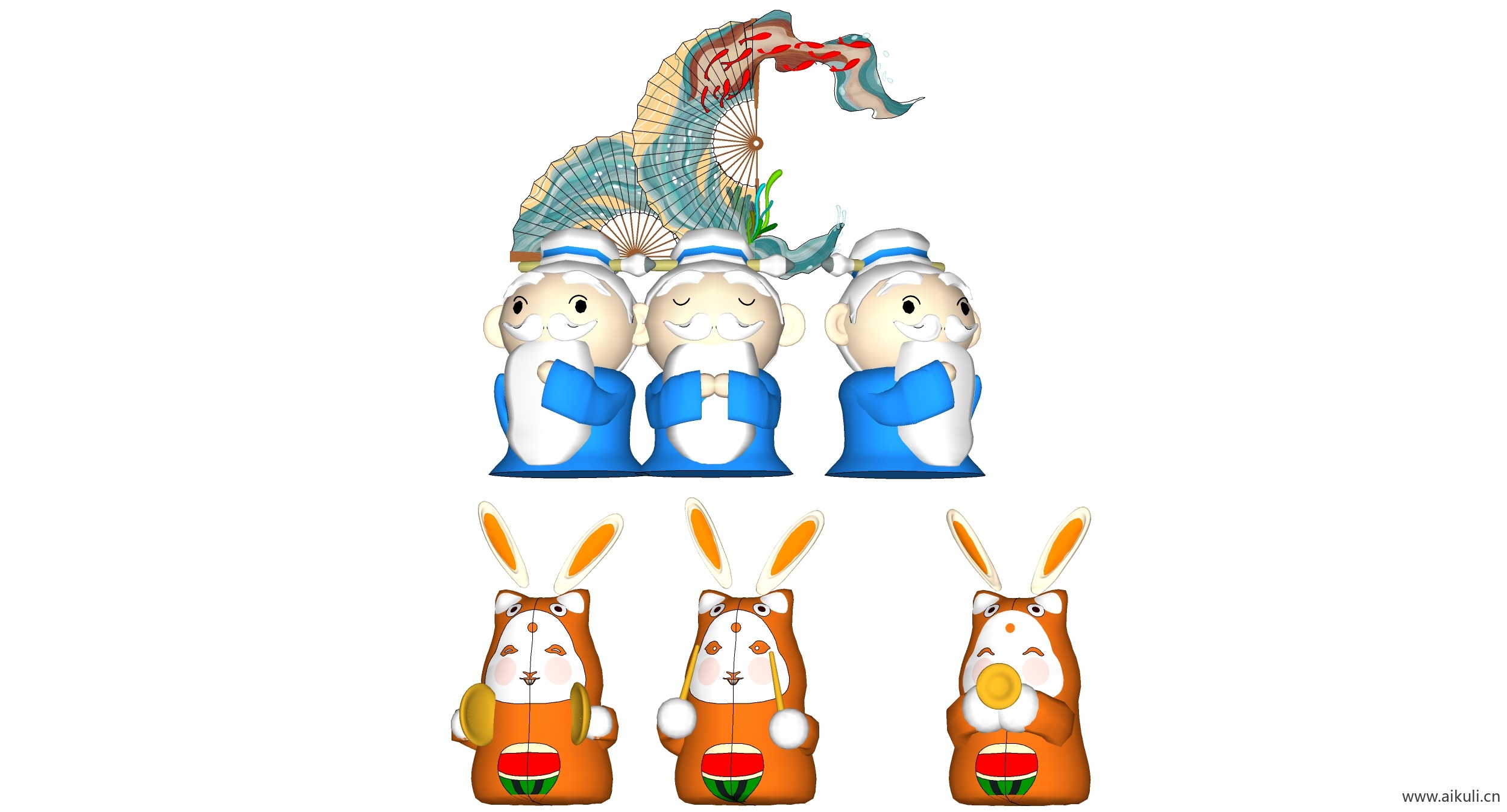 老爷爷扇子兔子雕塑