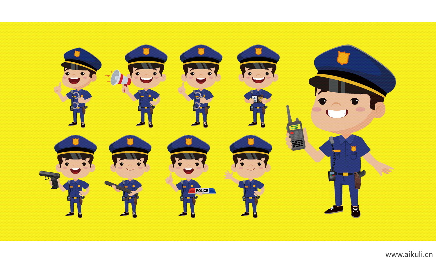 卡通EPS矢量警察警车警察局人物角色动作分解icon图标素材