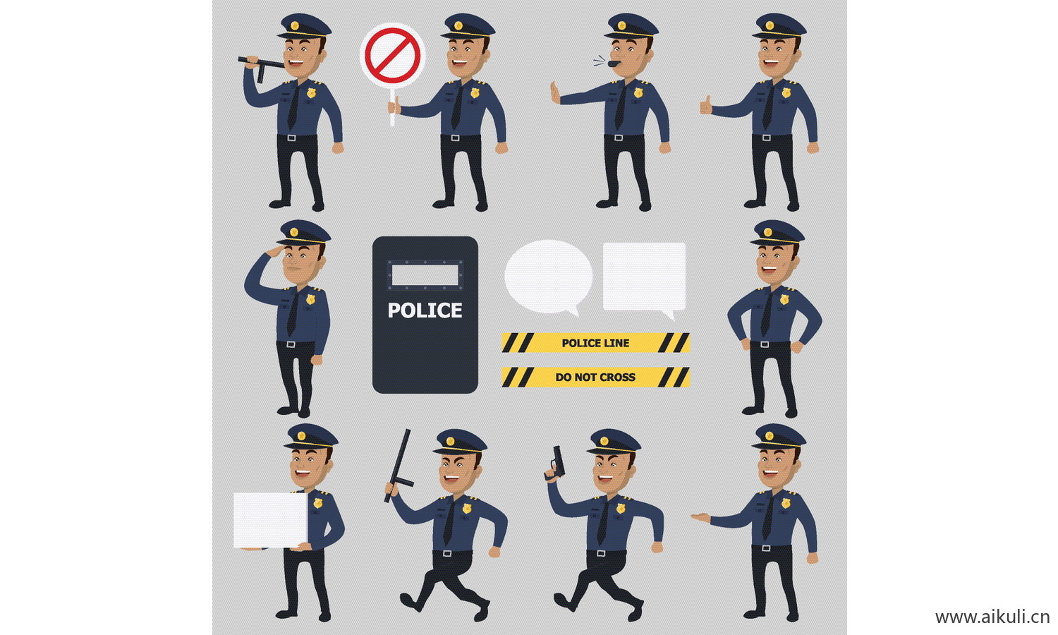 卡通EPS矢量警察警车警察局人物角色动作分解icon图标 设计
