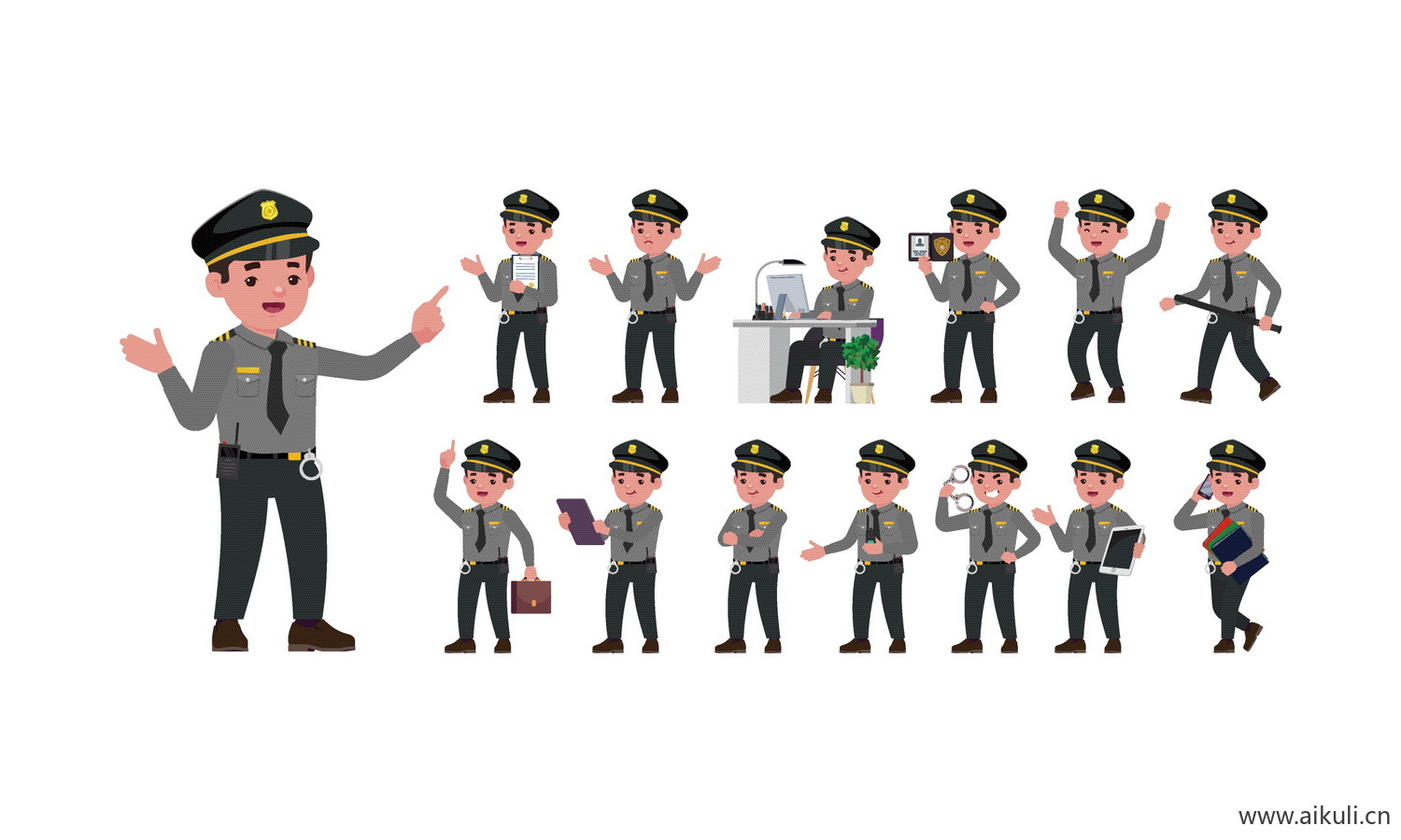 卡通EPS矢量警察警车警察局人物角色动作 分解icon图标