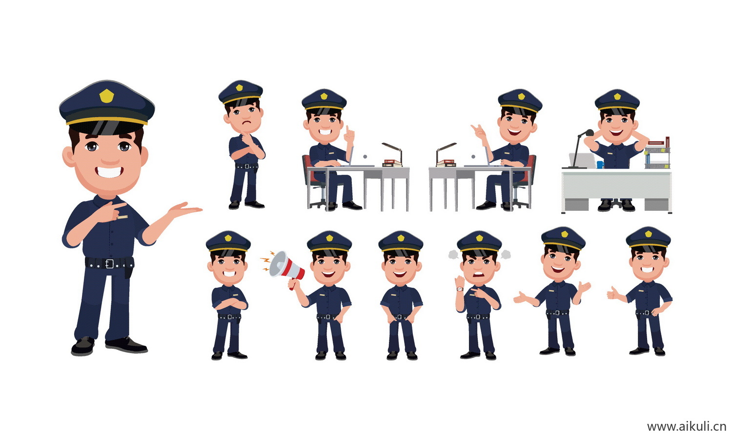 卡通EPS矢量警察警车警察局人物角色动作分解icon图标#设计素材