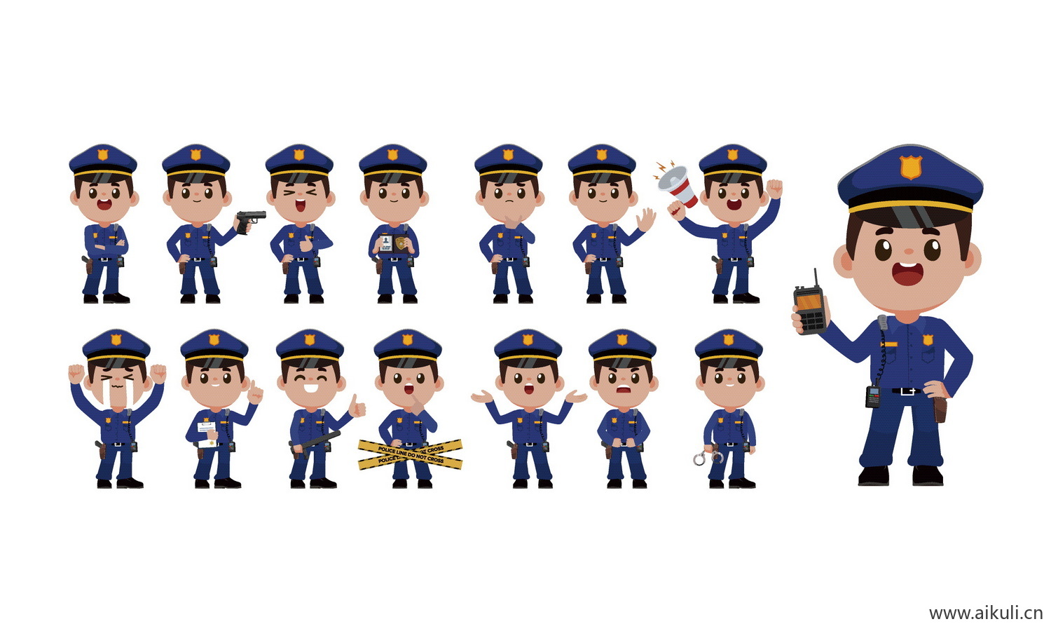 卡通EPS矢量警察警车警察局人物角色动作分解icon图标