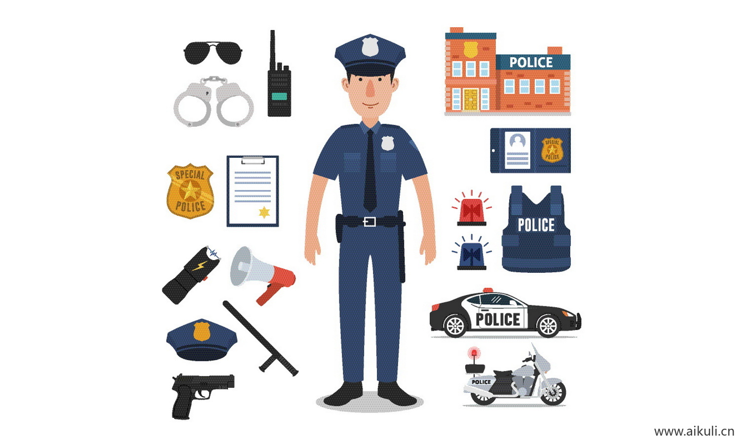 卡通警察警车警察局人物角色动作分解icon图标B-EPS矢量设计素材