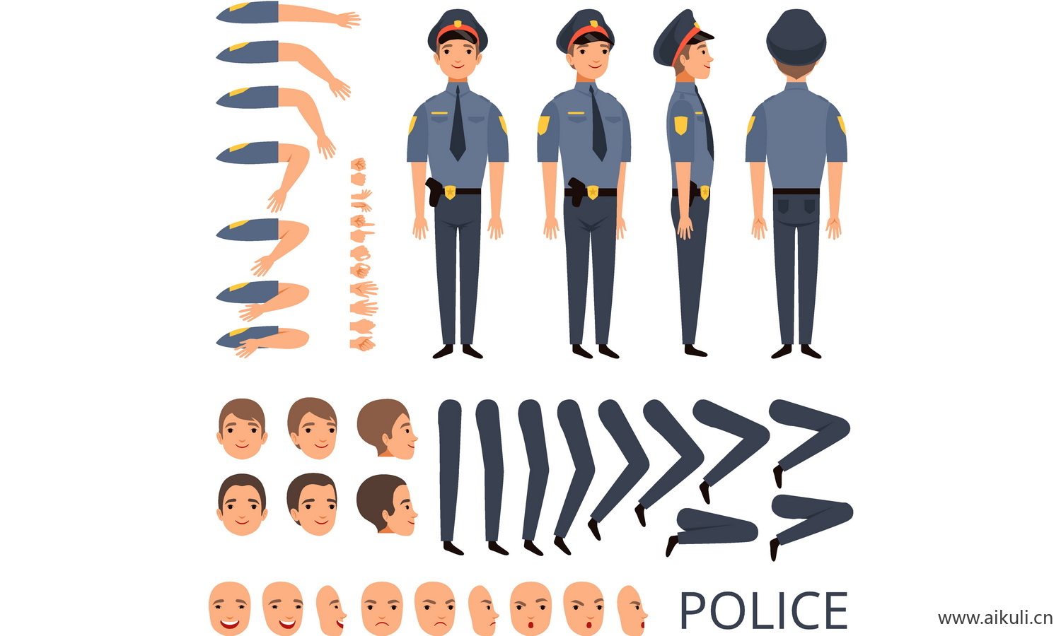 卡通警察警车警察局人物角色动作分解icon图标EPS素材