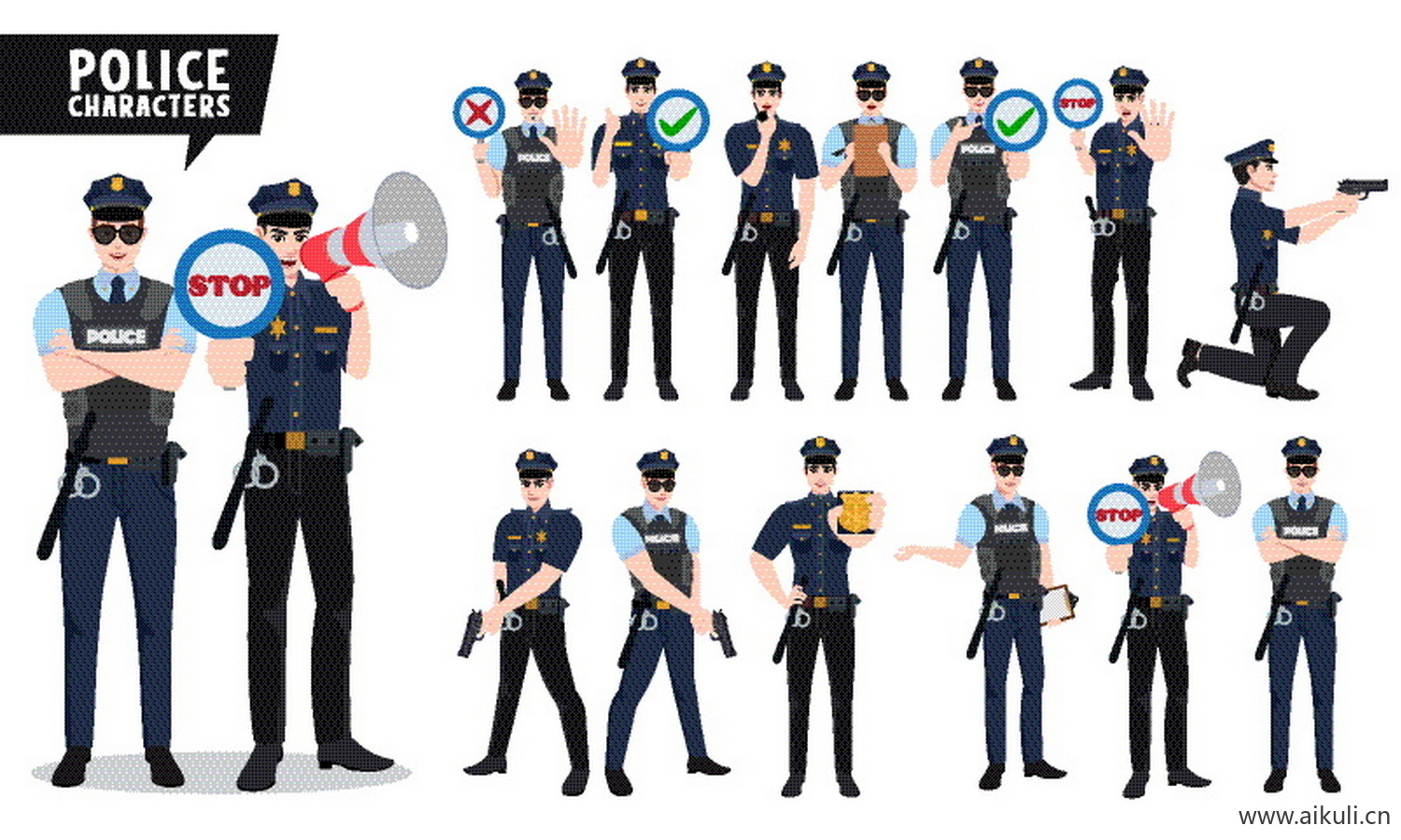 EPS矢量警察警车警察局人物角色动作分解icon图标