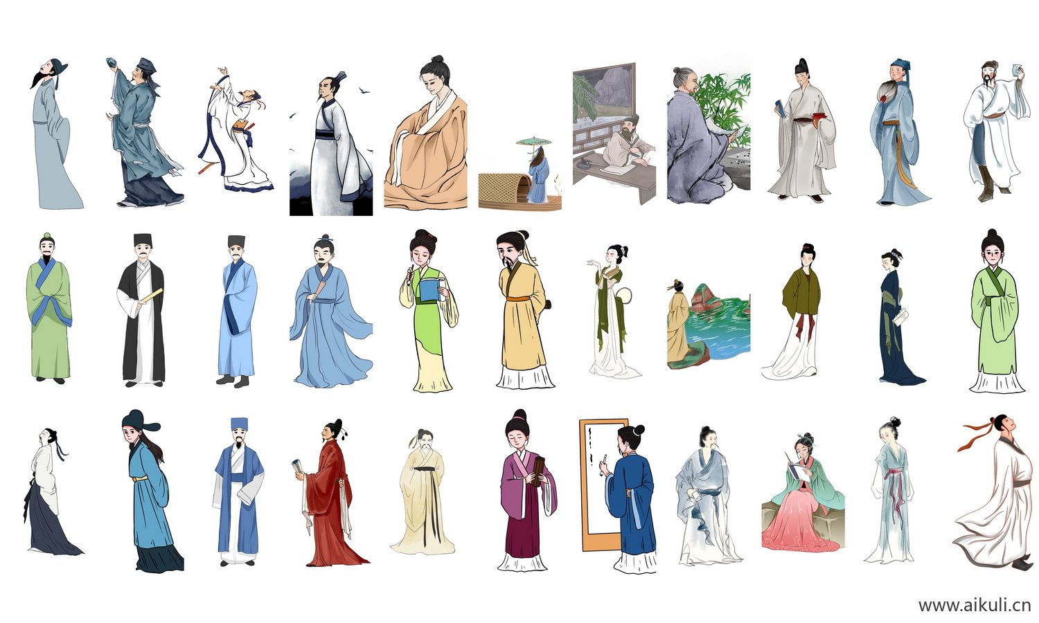 古代诗人李白杜甫白居易名人名士国学人物插画png免扣