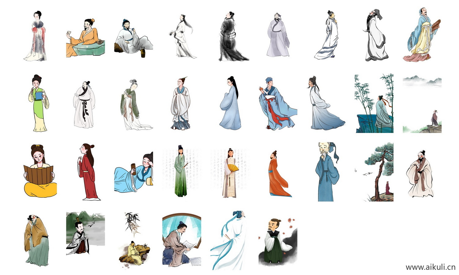古代诗人李白杜甫白居易名人名士国学人物png免扣插画