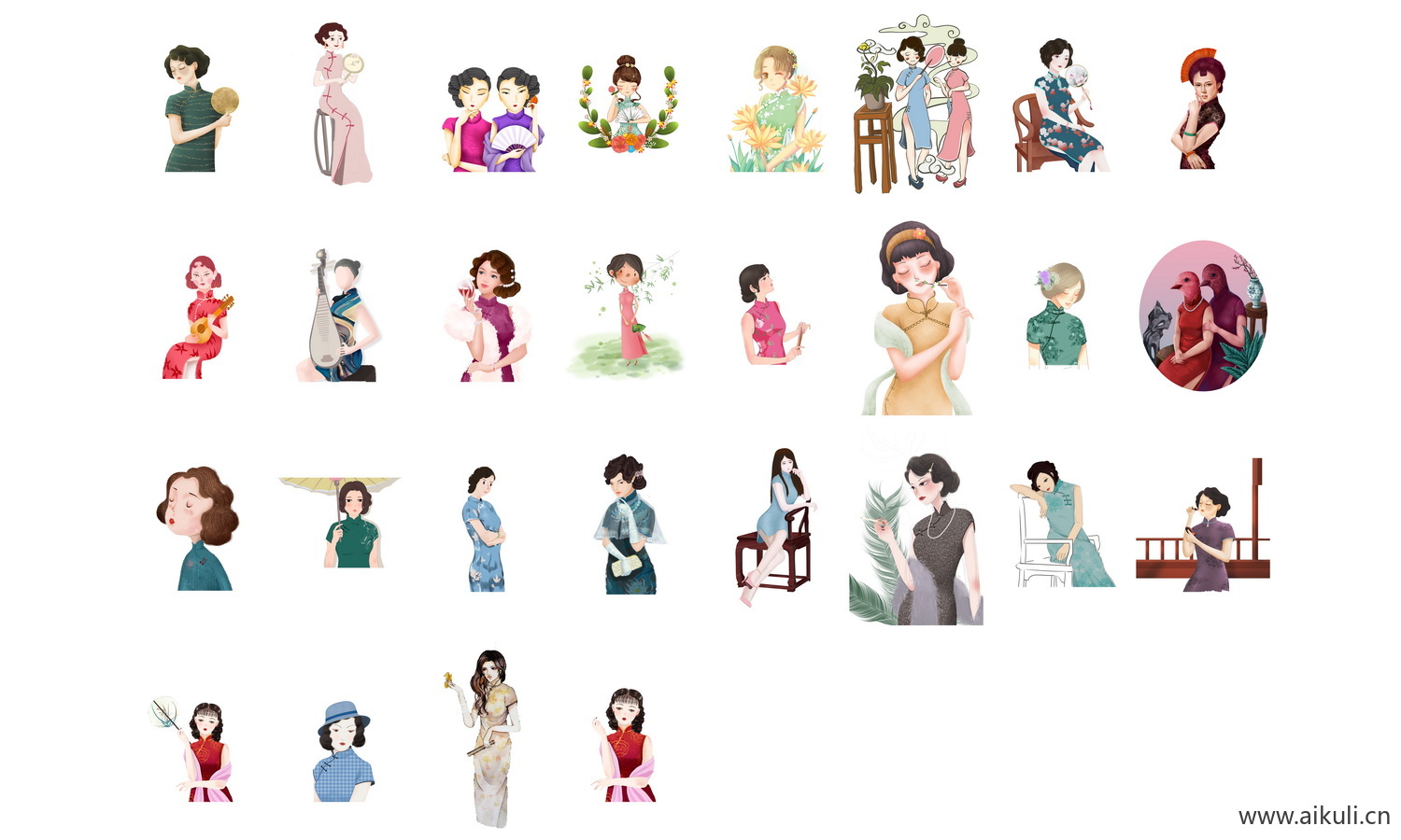 中国风手绘旗袍美女古典美女民国美女PNG透明免扣