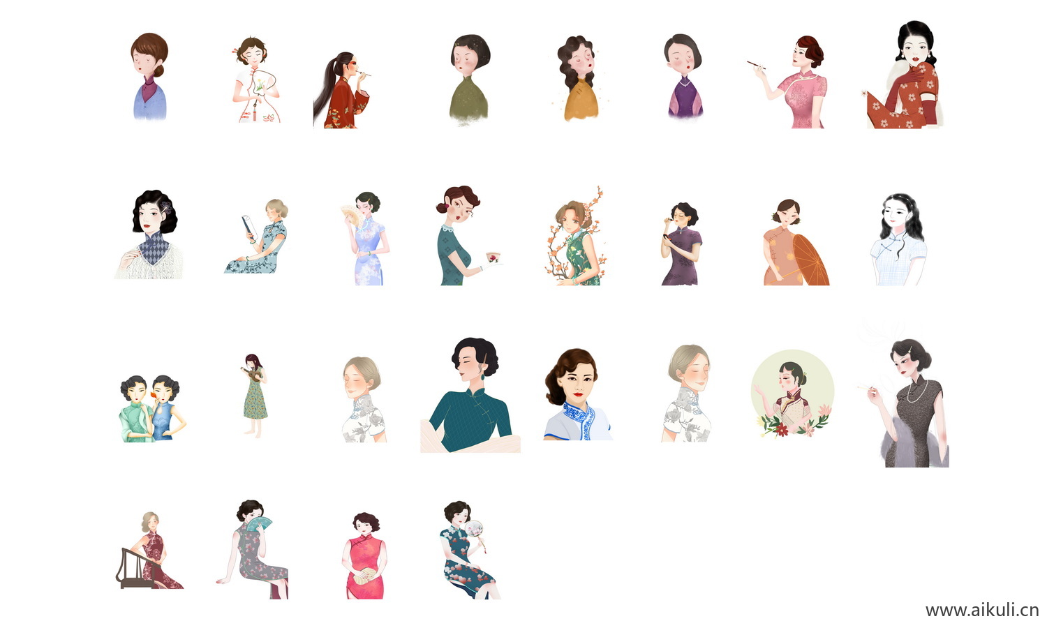 中国风手绘旗袍美女古典美女民国美女PNG透明免扣素材