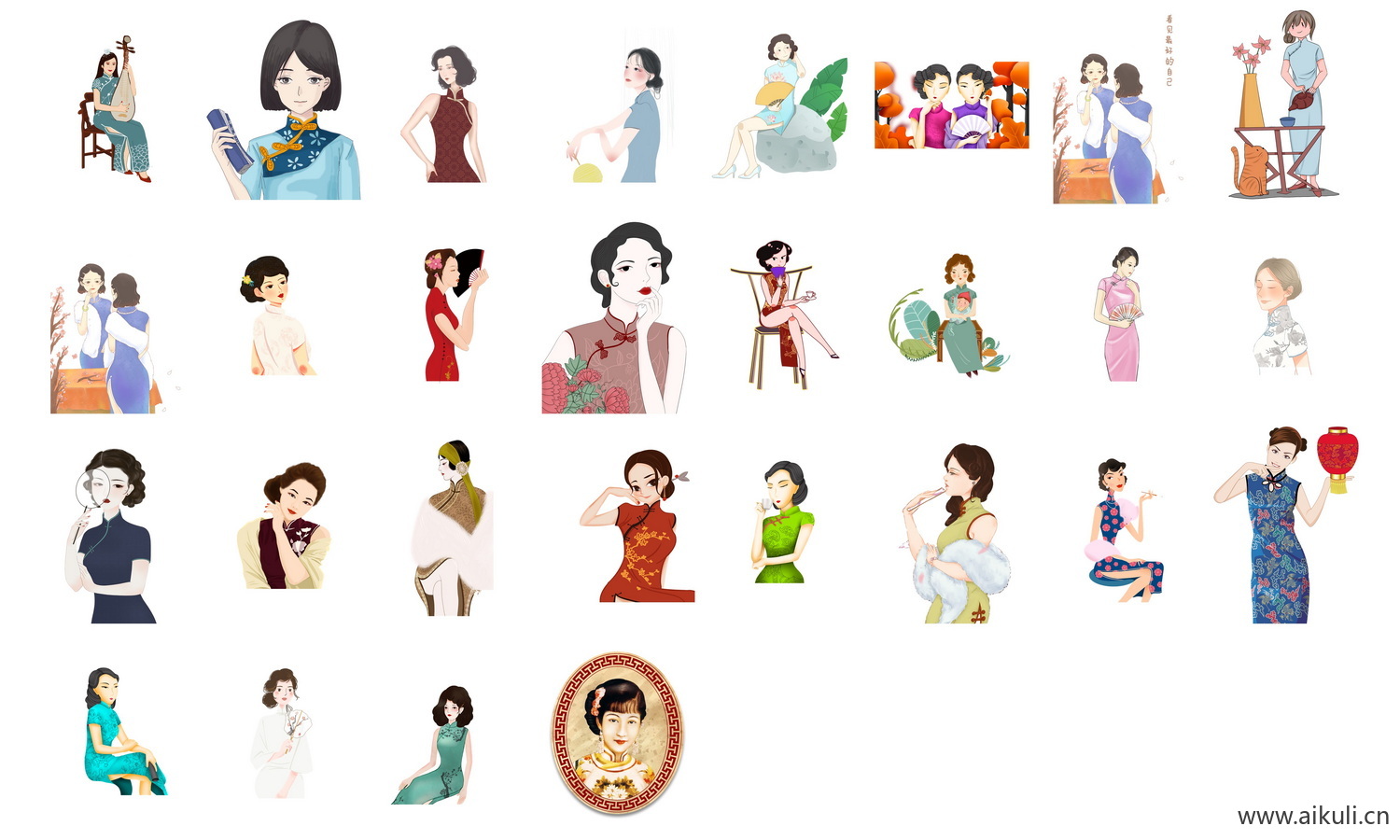 中国风手绘旗袍美女古典美女民国美女PNG免扣