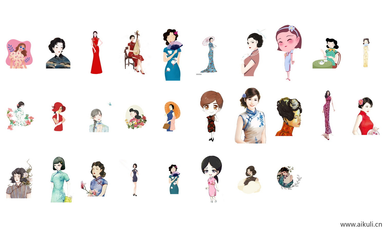 中国风手绘旗袍美女古典美女民国美女PNG透明素材