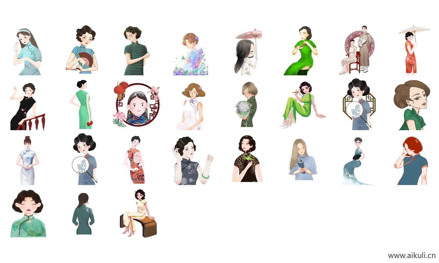 中国风手绘旗袍美女古典美女民国美女PNG透明免扣