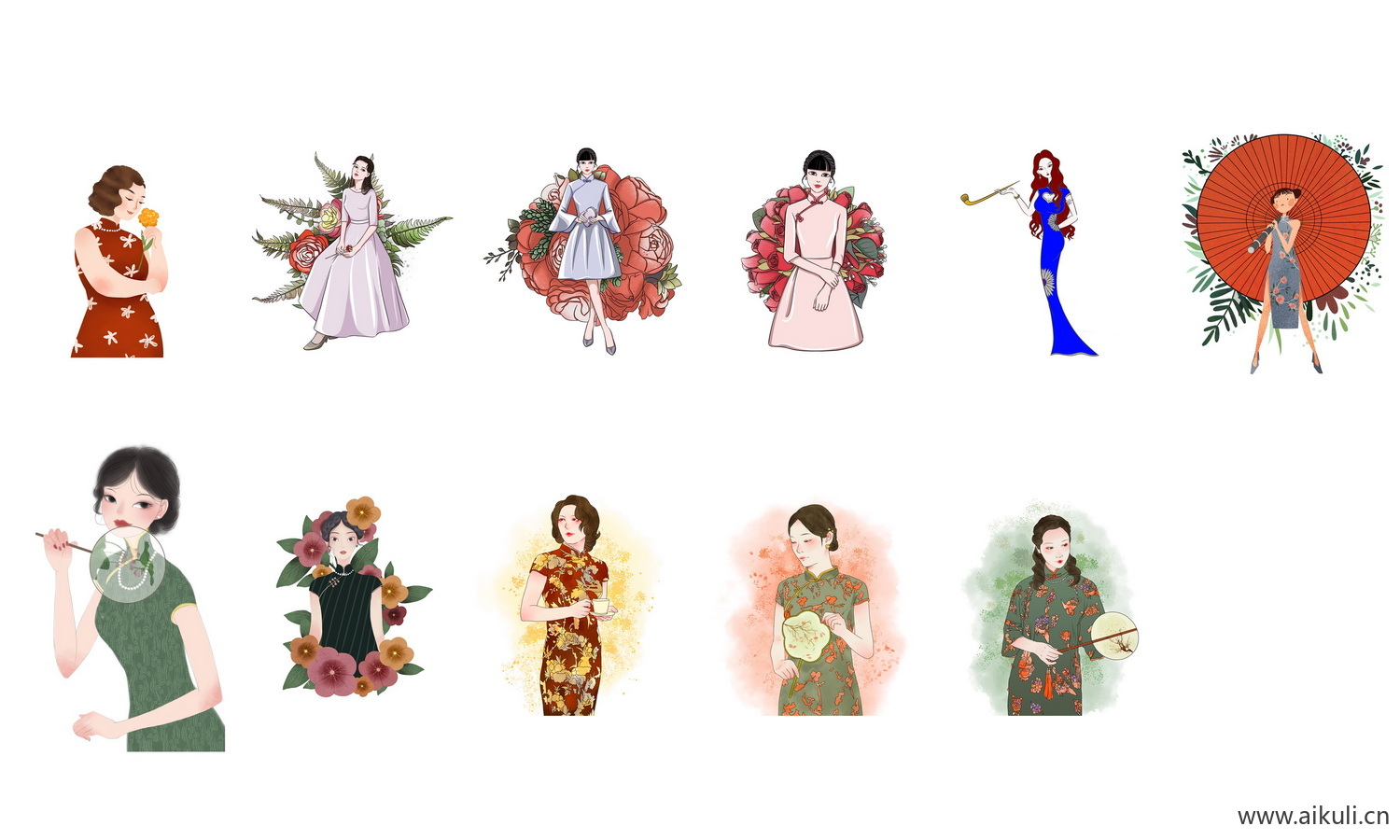 PNG透明背景免扣素材手绘旗袍美女古典美女民国美女