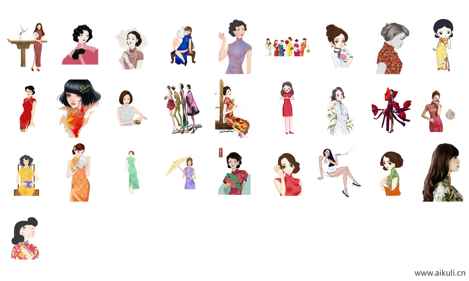 中国风手绘旗袍美女古典美女民国美女PNG透素材