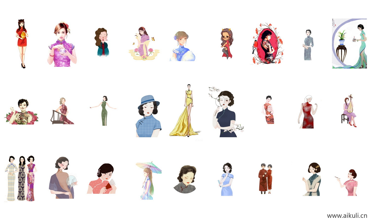 中国风手绘旗袍美女古典美女民国美女PNG免扣素材