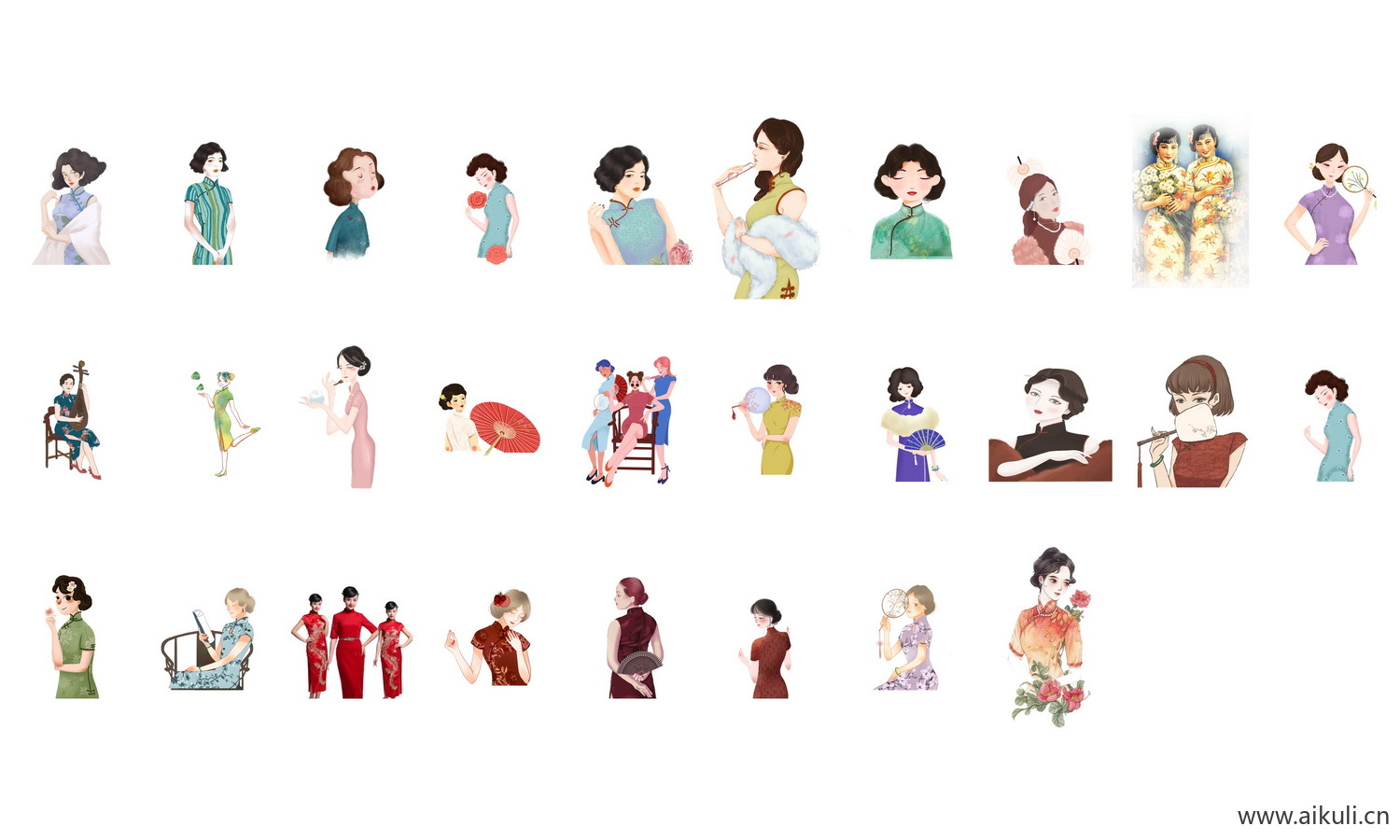 中国风手绘旗袍美女古典美女民国美女PNG透明背景免扣