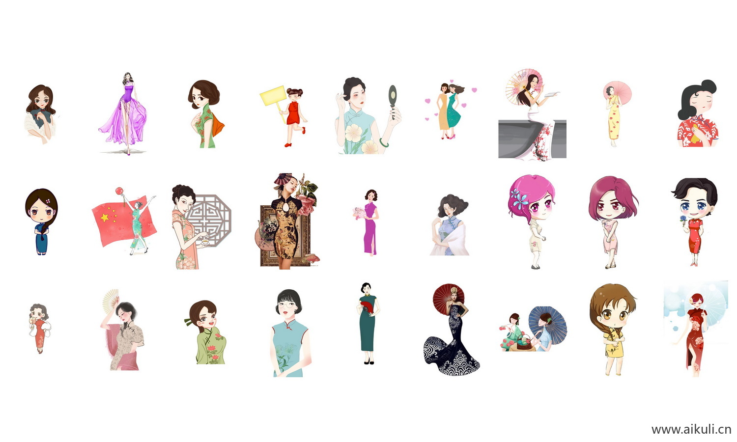 中国风手绘旗袍美女古典美女民国美女PNG透明背景