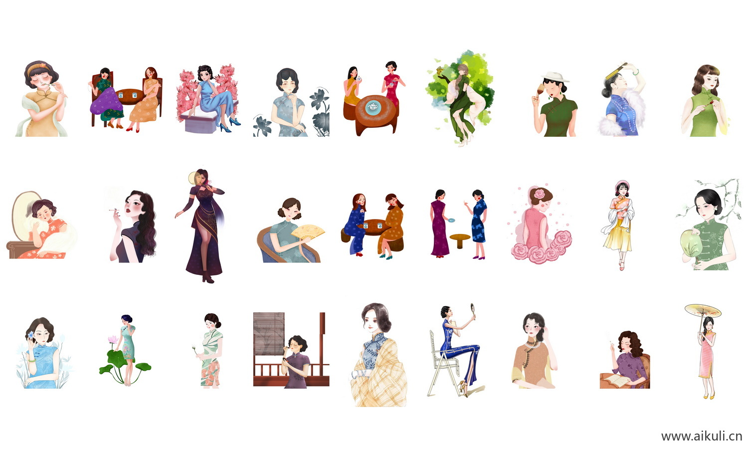 PNG免扣素材手绘旗袍美女古典美女民国美女