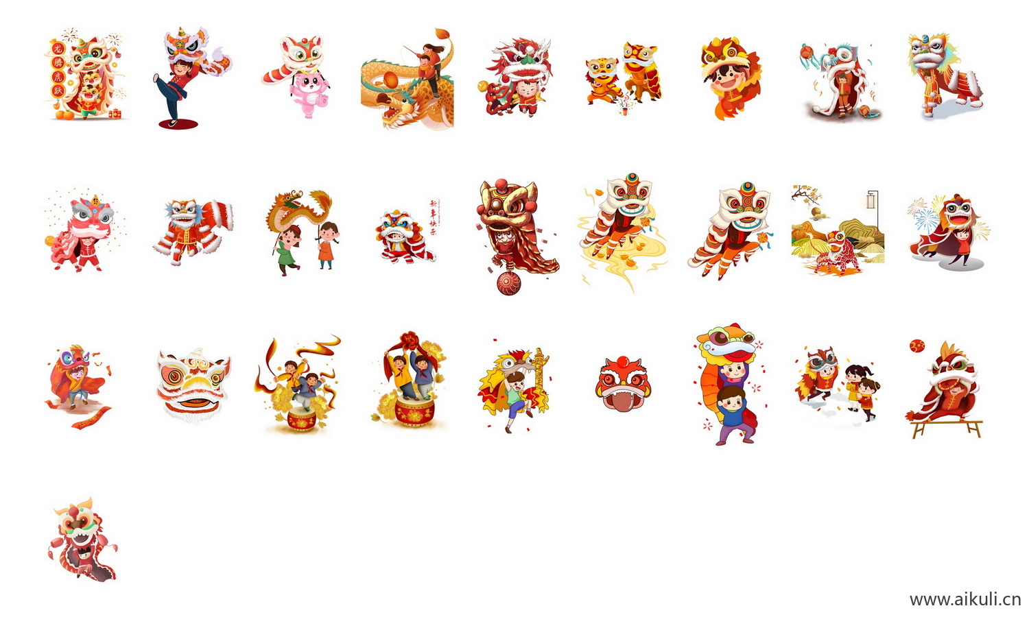 手绘中国风喜庆节日舞龙舞狮新年舞狮舞龙插画PNG免抠素材