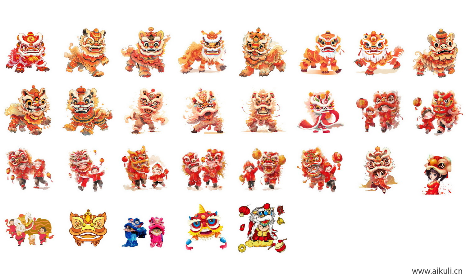 手绘中国风节日舞龙舞狮新年舞狮舞龙插画PNG免抠素材