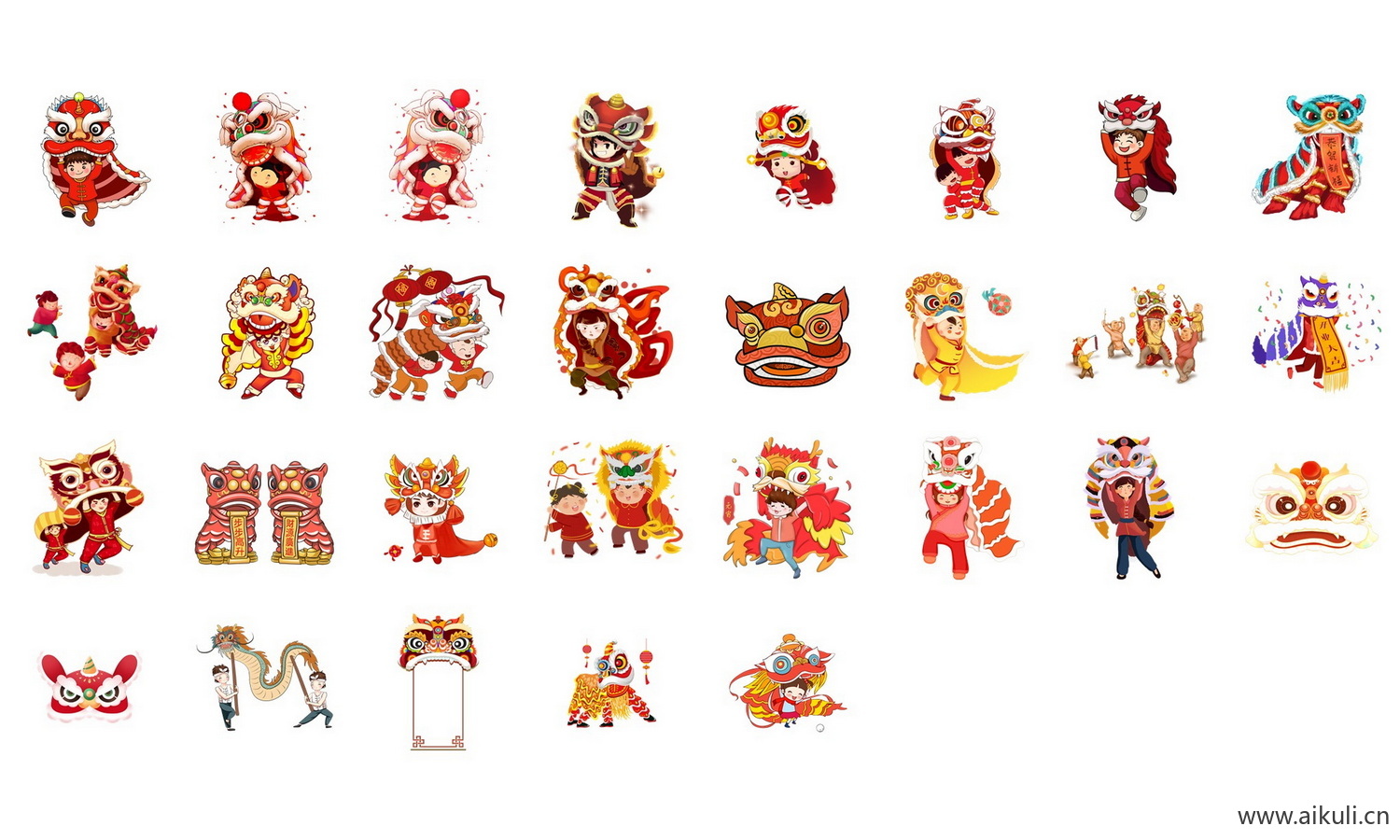 手绘中国风喜庆节日舞龙舞狮新年舞狮舞龙插画PNG素材