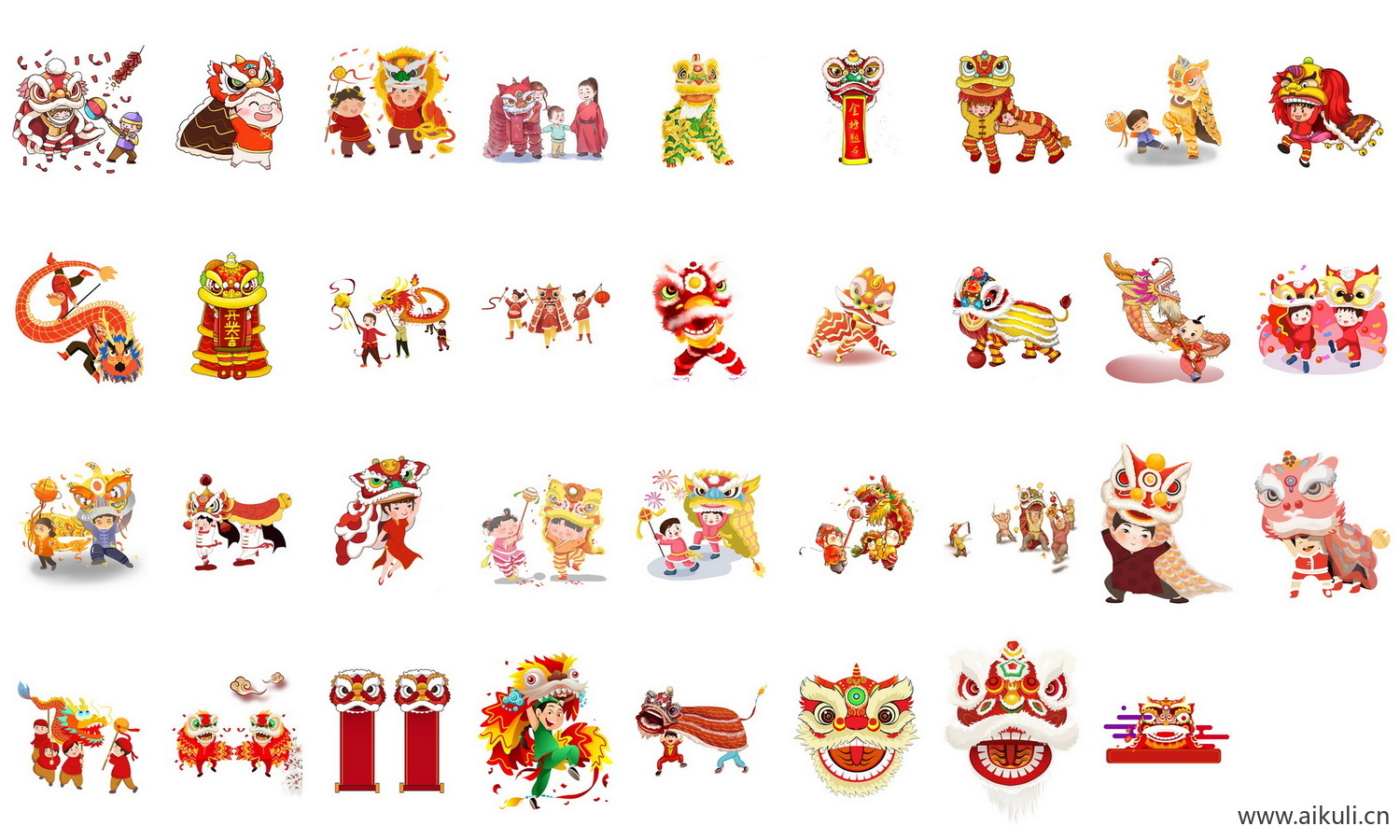 中国风喜庆节日舞龙舞狮新年舞狮舞龙插画PNG免抠